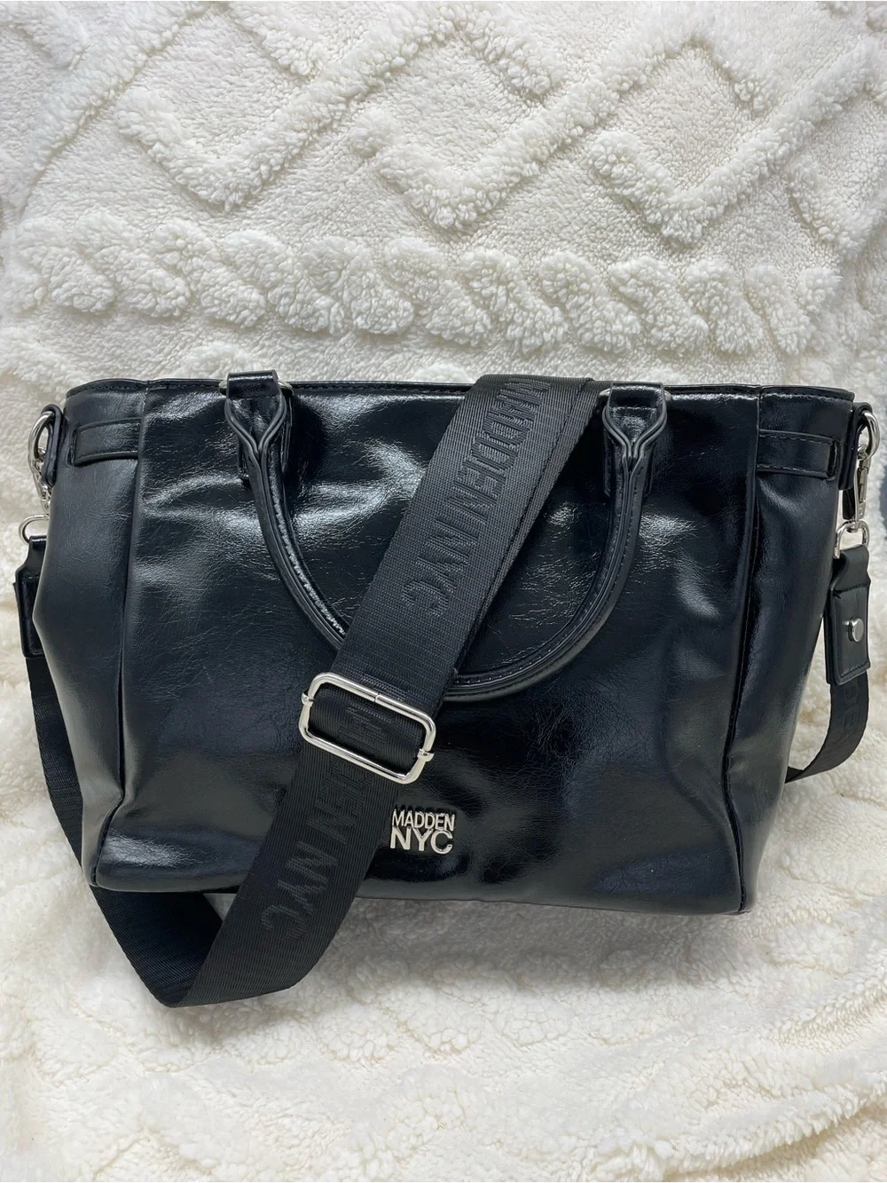 Steve Madden/ Madden NYC Black Patent Satchel with Branded Strap and Coin Pouch